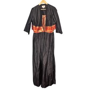 Vintage Dynasty 100% Silk Dress Jacket Set Womens 12 Black Gold Brocade Formal
